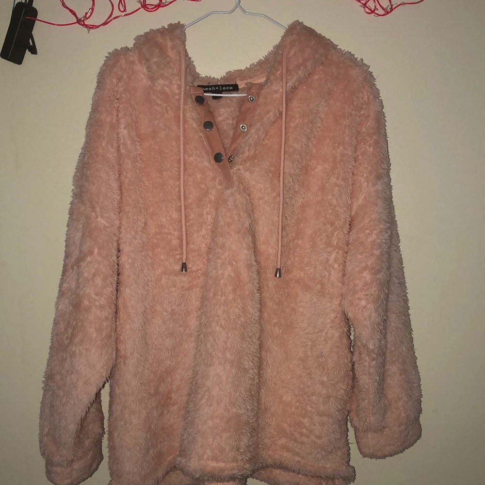 Baby pink alpaca sweater with hoodie